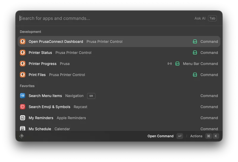 Prusa Raycast Extension Commands