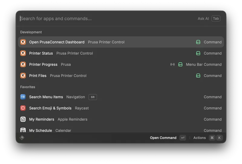 Prusa Raycast Extension Commands